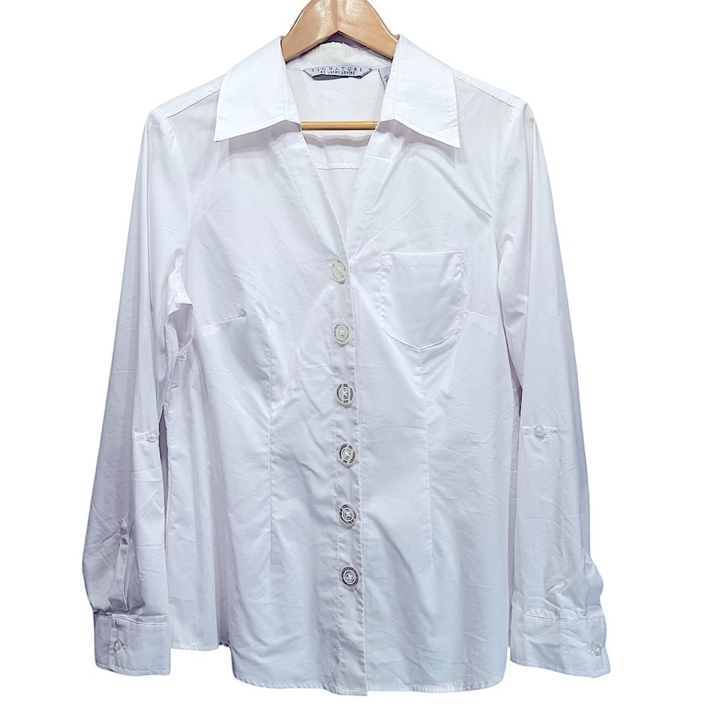 White Button-Up Shirt V Neck Collared Tailored Fit Signature by Larry Levine